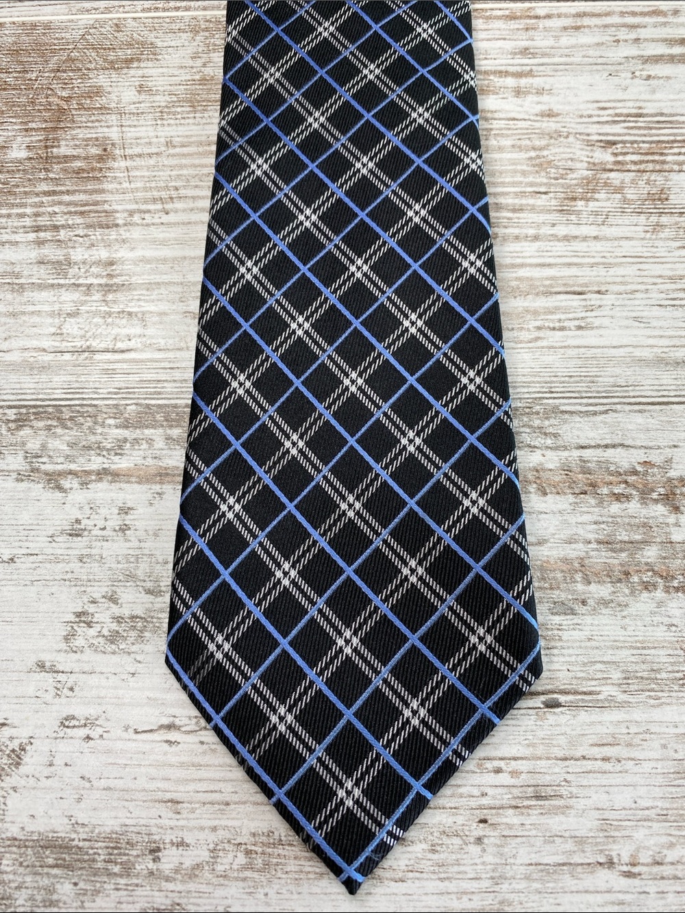 Vintage Chaps Silk Neck Tie Black Blue Plaid Grid Pattern Classic Menswear